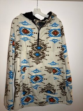Rebels & Nomads Men XL Fleece Southwest Aztec Hooded Pullover Blue White 1/4 Zip